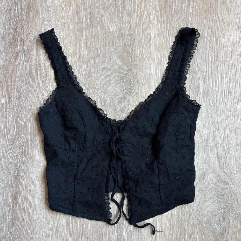 White Fox Boutique Black Eyelet Tie-Front Crop Top